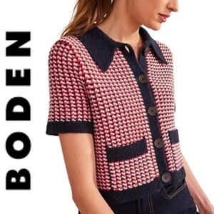 Boden Wool Alpaca Short Sleeve Geo Button Up Collared Red and Blue Knit Sweater